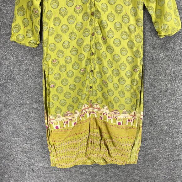 Melange Shirt Dress Women S Small Yellow Geometric Maxi 3/4 Sleeve V-Neck Rayon - Picture 4 of 11